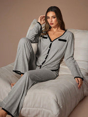 V-NECK LONG SLEEVE CONTRAST TRIM PAJAMA SET
