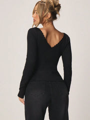 V-NECK TOP WITH LACE TRIM AND SATIN BOW DETAIL