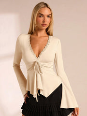 V-NECK RUCHED FLARE SLEEVE CINCHED WAIST TOP