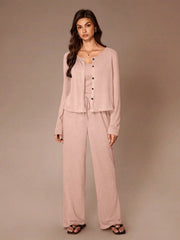 WOMEN SOLID COLOR CASUAL 3PCS LOUNGEWEAR SET