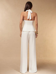DEEP HALTER-NECK SLEEVELESS TOP PAIRED WITH WIDE-LEG STRAIGHT TROUSER