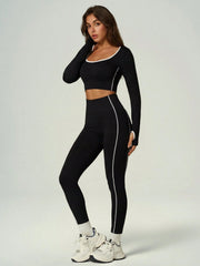 CONTRAST TRIM WORKOUT SET LONG SLEEVE CROP TOP & HIGH WAIST LEGGINGS