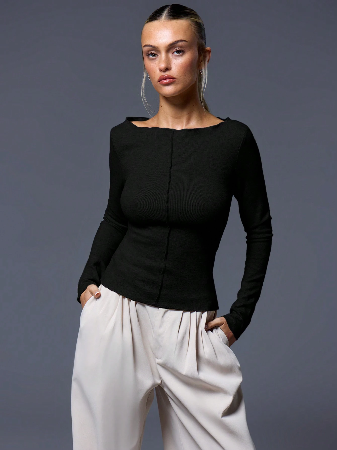 CASUAL RIBBED SLASH NECK LONG SLEEVE TOP & BOTTOM – Rising