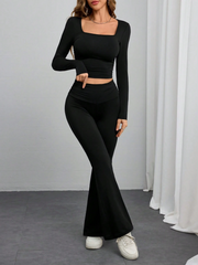 2PCS/SET WOMEN SQUARE LONG SLEEVE FITTED CROPPED TOP & LOW WAIST FLARED LEG PANTS