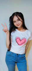 HEART PRINT ROUND NECK TEE-CREAM