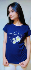 HEART AND FLORAL PRINT TEE-NAVY