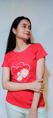 HEART AND FLORAL PRINT TEE-RED