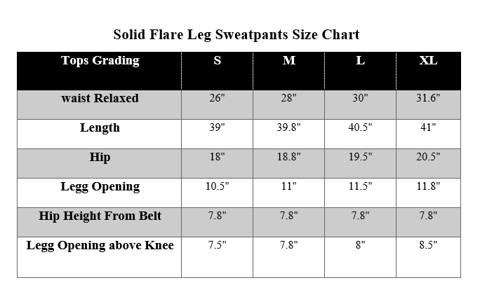 Flared Sweatpants Size Chart