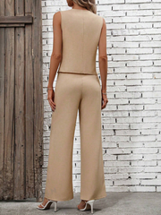 Solid Button Front Vest Jacket & Wide Leg Trousers