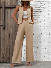 Solid Button Front Vest Jacket & Wide Leg Trousers