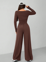 CASUAL 2PCS KNITTED SLIM TOP & WIDE LEG PANTS