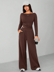 CASUAL 2PCS KNITTED SLIM TOP & WIDE LEG PANTS