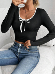 BOWKNOT TIGHT FITTED ROUND NECK LONG SLEEVE CROP TOP