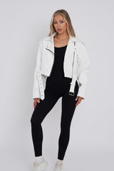 FAUX LEATHER BELTED ZIP UP BIKER JACKET