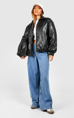 PADDED FAUX LEATHER BOMBER JACKET