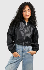 CROPPED FAUX LEATHER ZIP BOMBER JACKET