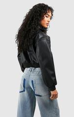 CROPPED FAUX LEATHER ZIP BOMBER JACKET