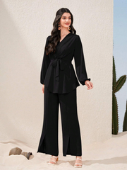 LANTERN SLEEVE BELTED BLOUSE & SPLIT HEM PANTS 2 PIECE SET MODEST