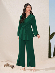 LANTERN SLEEVE BELTED BLOUSE & SPLIT HEM PANTS 2 PIECE SET MODEST