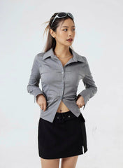 SOLID RUCHED COLLAR WITH BUTTON CROP SHIRT