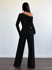 WOMEN'S ASYMMETRICAL NECK PLUSH T-SHIRT AND WIDE LEG CASUAL PANTS 2-PIECE SET