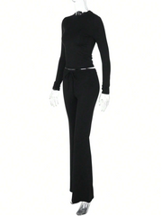 WOMEN'S LONG-SLEEVED TOPS, SLIM-FITTING LACE-UP FLARED PANTS SPORTS SUIT