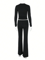 WOMEN'S LONG-SLEEVED TOPS, SLIM-FITTING LACE-UP FLARED PANTS SPORTS SUIT