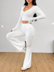 CASUAL V-NECK LACE TRIM TIGHT LONG SLEEVE CROP T-SHIRT AND LOW WAIST FLARED PANTS SET