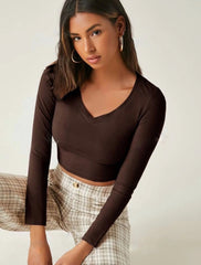 SOLID V-NECK LONG SLEEVES CROP TEE