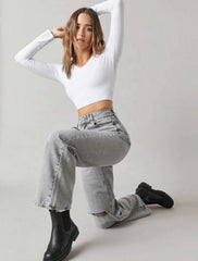 SOLID V-NECK LONG SLEEVES CROP TEE