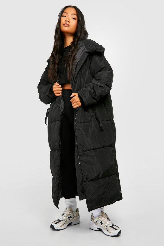 PETITE HOODED LONGLINE PUFFER JACKET BLACK Rising