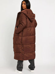 PETITE HOODED LONGLINE PUFFER JACKET-CHOCOLATE