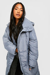 PETITE HOODED LONGLINE PUFFER JACKET-GREY