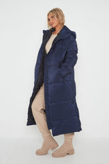 PETITE HOODED LONGLINE PUFFER JACKET-NAVY