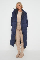 PETITE HOODED LONGLINE PUFFER JACKET-NAVY