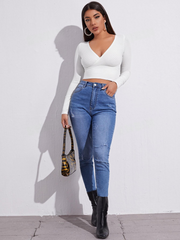 SURPLICE NECK RIB-KNIT CROP TEE