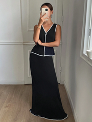 FRENCHY 2PCS WOMEN CONTRAST TRIM SLEEVELESS TOP & LONG SKIRT SET