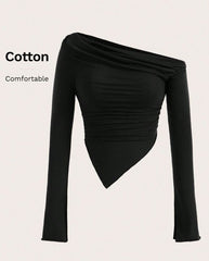 ASYMMETRICAL NECK RUCHED TEE