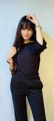 WOMEN'S SHORT SLEEVE LARGE SIZE SUIT PAJAMAS-BLACK