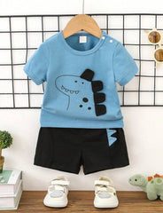 BABY CARTOON GRAPHIC 3D PATCHED DESIGN TEE & SHORTS