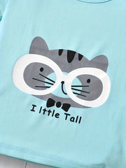 2PCS BOYS CASUAL CARTOON CAT GRAPHIC PRINT SHORT SLEEVE T-SHIRT & SHORTS SET