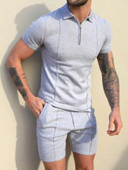 MEN SOLID COLOR TURN-DOWN COLLAR CASUAL SHORT SLEEVE T-SHIRT AND DRAWSTRING SHORTS SET