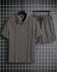 MEN SOLID COLOR TURN-DOWN COLLAR CASUAL SHORT SLEEVE T-SHIRT AND DRAWSTRING SHORTS SET