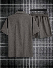 MEN SOLID COLOR TURN-DOWN COLLAR CASUAL SHORT SLEEVE T-SHIRT AND DRAWSTRING SHORTS SET