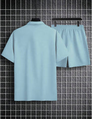 MEN SOLID COLOR TURN-DOWN COLLAR CASUAL SHORT SLEEVE T-SHIRT AND DRAWSTRING SHORTS SET