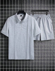 MEN SOLID COLOR TURN-DOWN COLLAR CASUAL SHORT SLEEVE T-SHIRT AND DRAWSTRING SHORTS SET