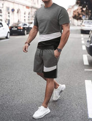 MEN COLOURBLOCK TEE & DRAWSTRING WAIST SHORTS