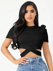 PUFF SLEEVE CRISSCROSS HEM CROP TEE