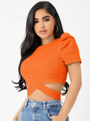 PUFF SLEEVE CRISSCROSS HEM CROP TEE