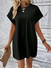 LOOSE FIT SOLID COLOR ROUND NECK BATWING SLEEVE DRESS